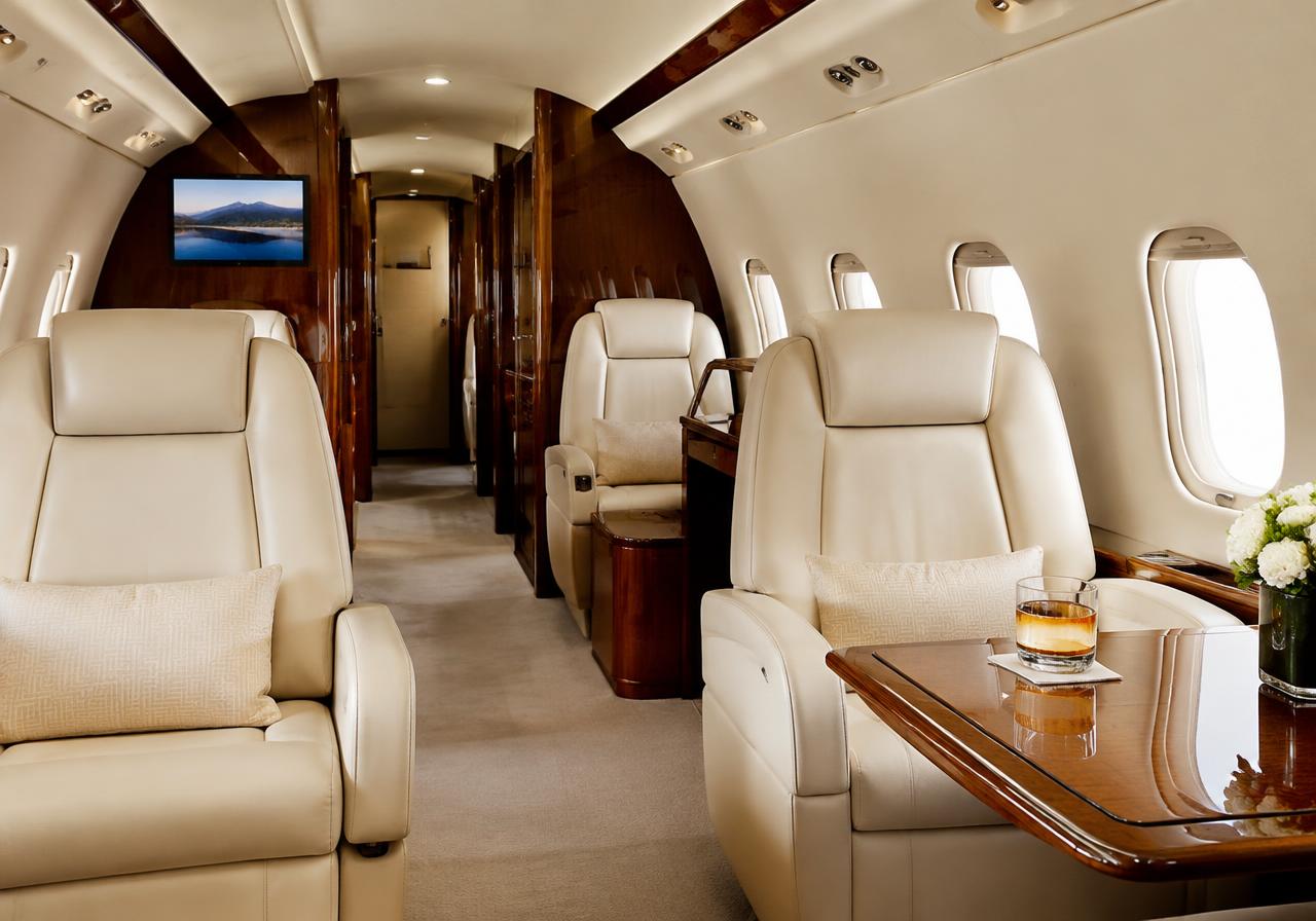 Illustrative private jet cabin with leather seating