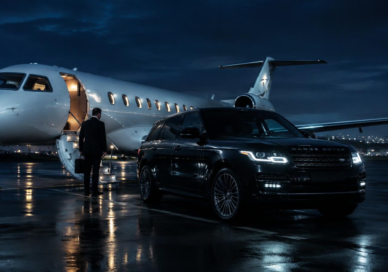 Chauffeured SUV beside a private jet