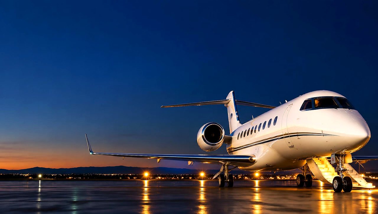 Private jet on the apron at dusk
